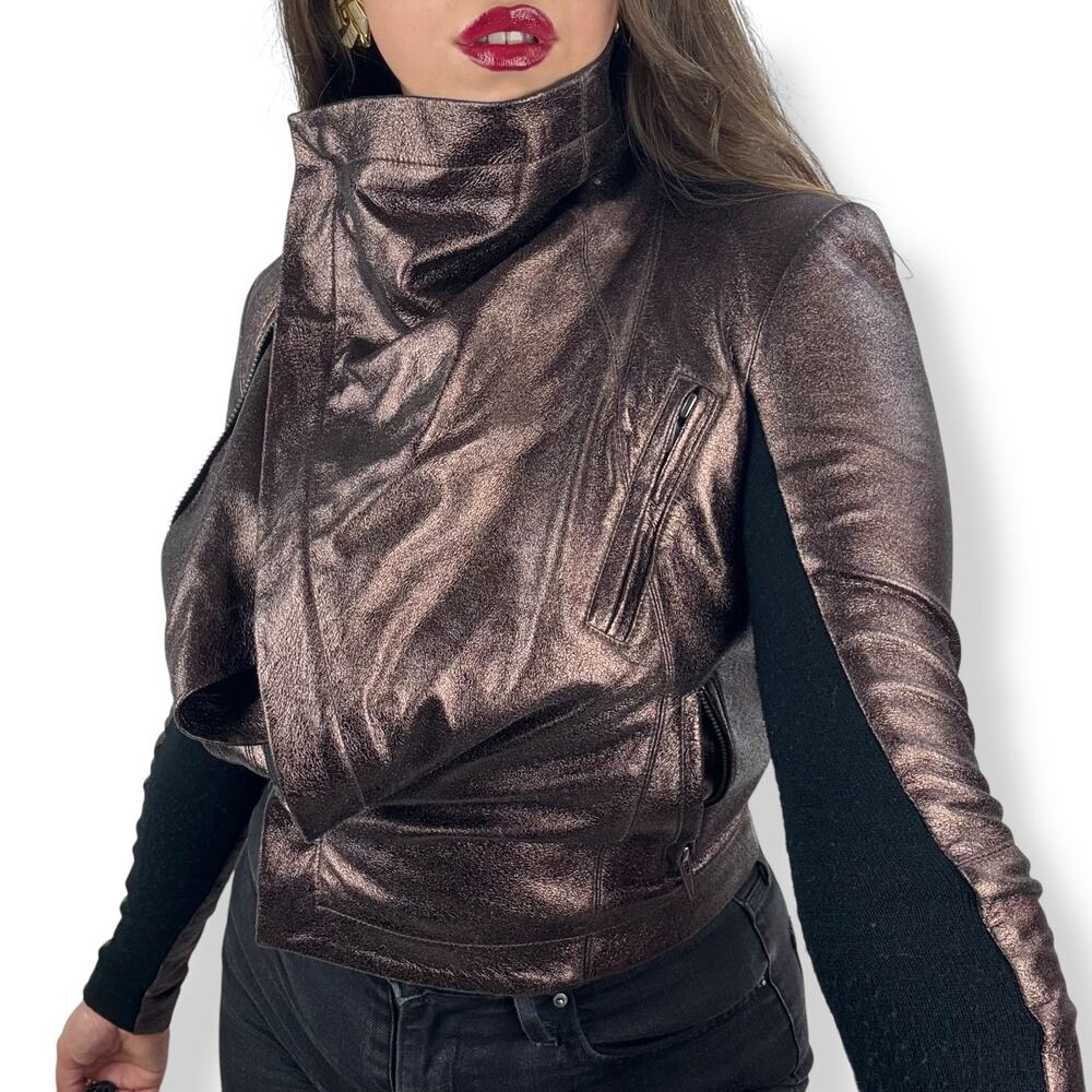 VEDA NYC metallic bronze lamb leather fitted cropped biker jacket - Picture 7 of 16